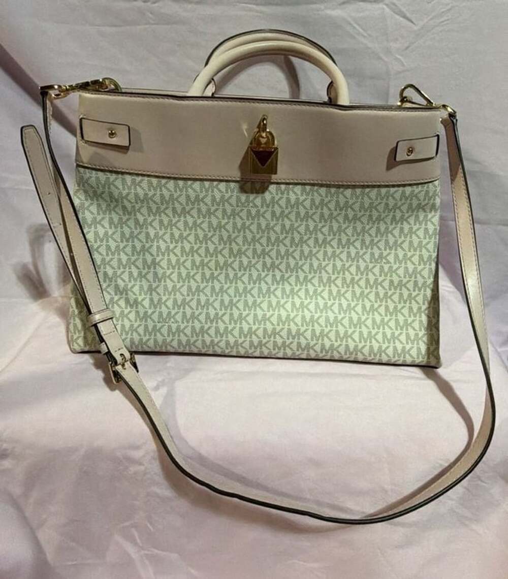 Michael Kors Gramercy Large Satchel Vanilla Pink Logo Leather Handbag
